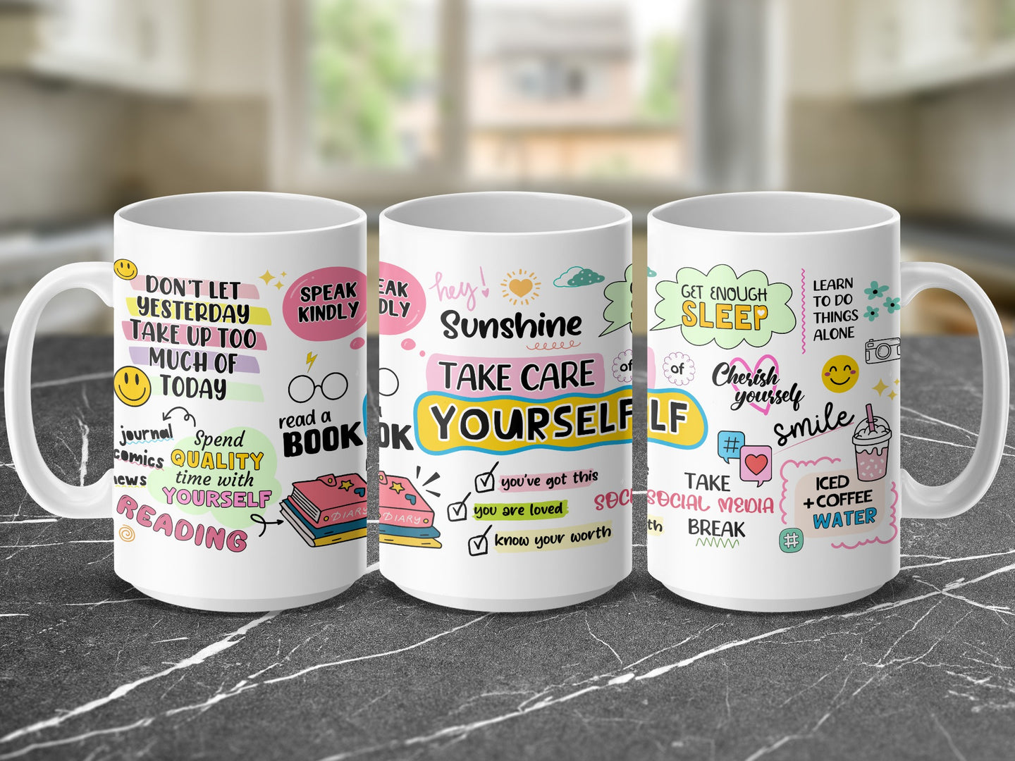 Mug with motivational text, doodles of books, sun, and coffee cup.