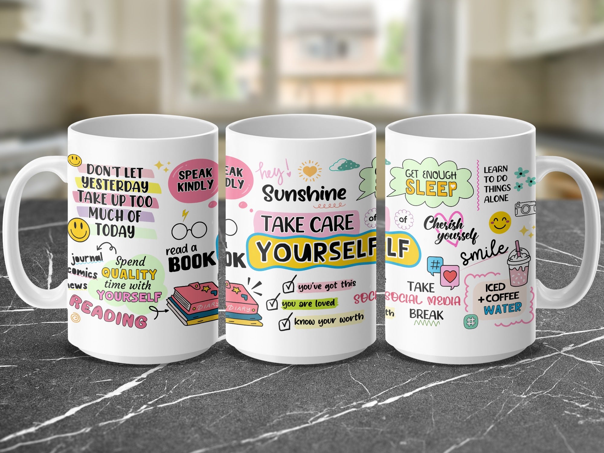 Mug with motivational text, doodles of books, sun, and coffee cup.
