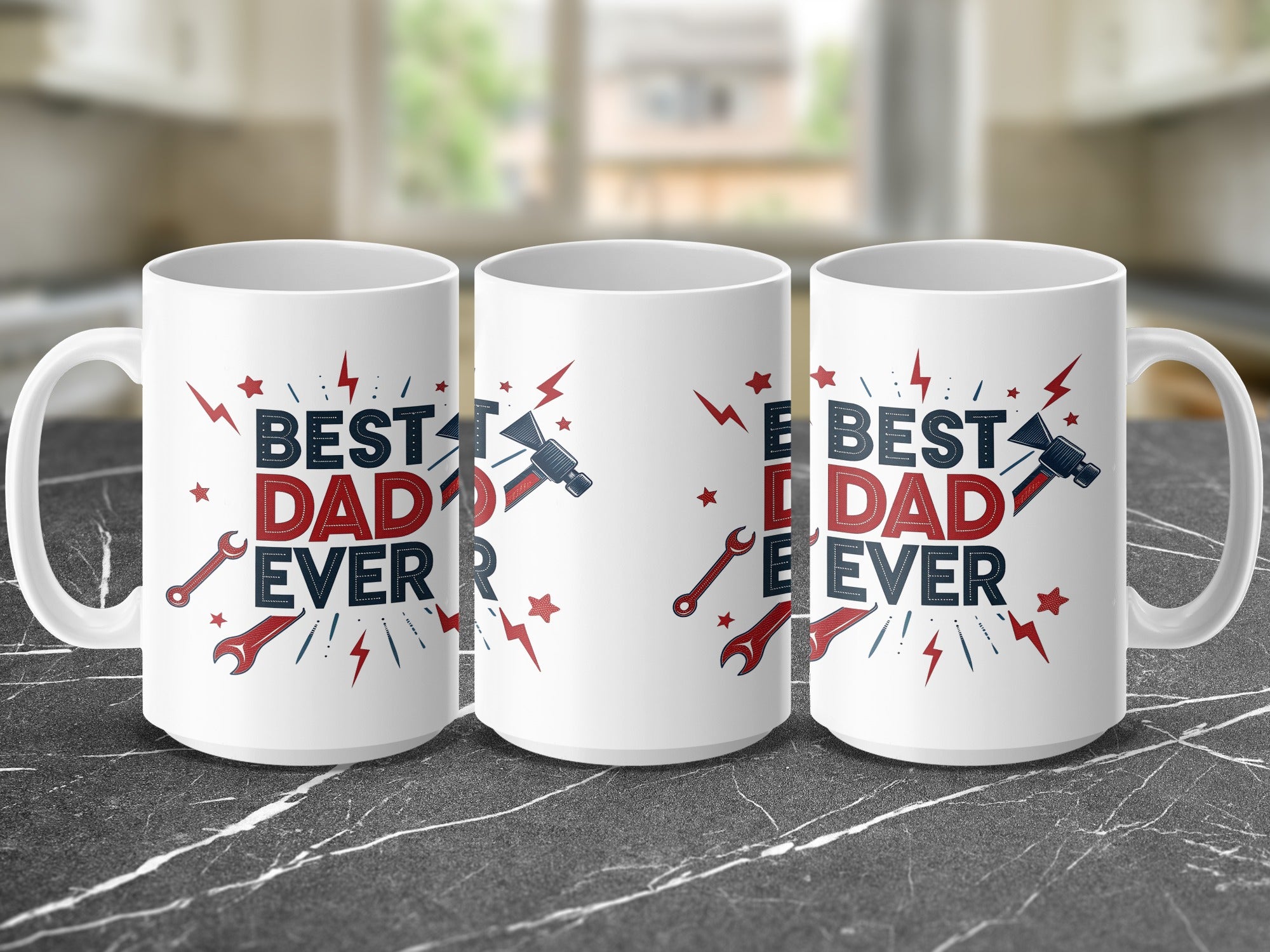 Three white mugs with "BEST DAD EVER" text and graphic elements.