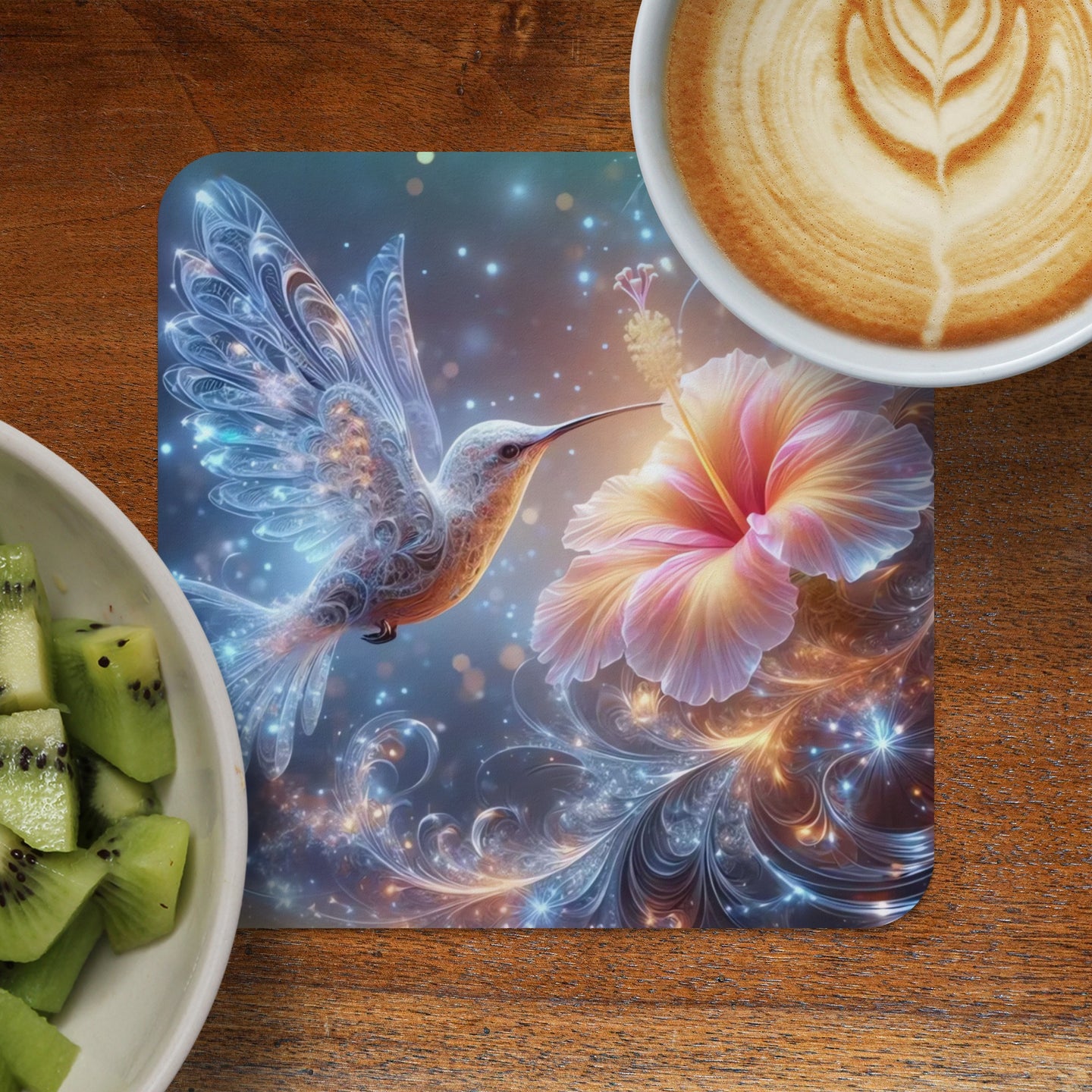 Hummingbird with glowing wings on a celestial floral background next to coffee and kiwi.