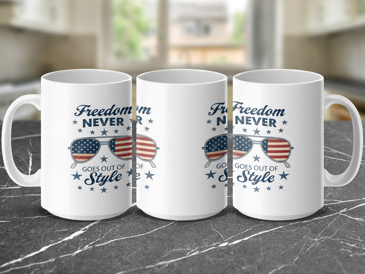Mug with "Freedom Never Goes Out of Style" and American flag sunglasses graphic.