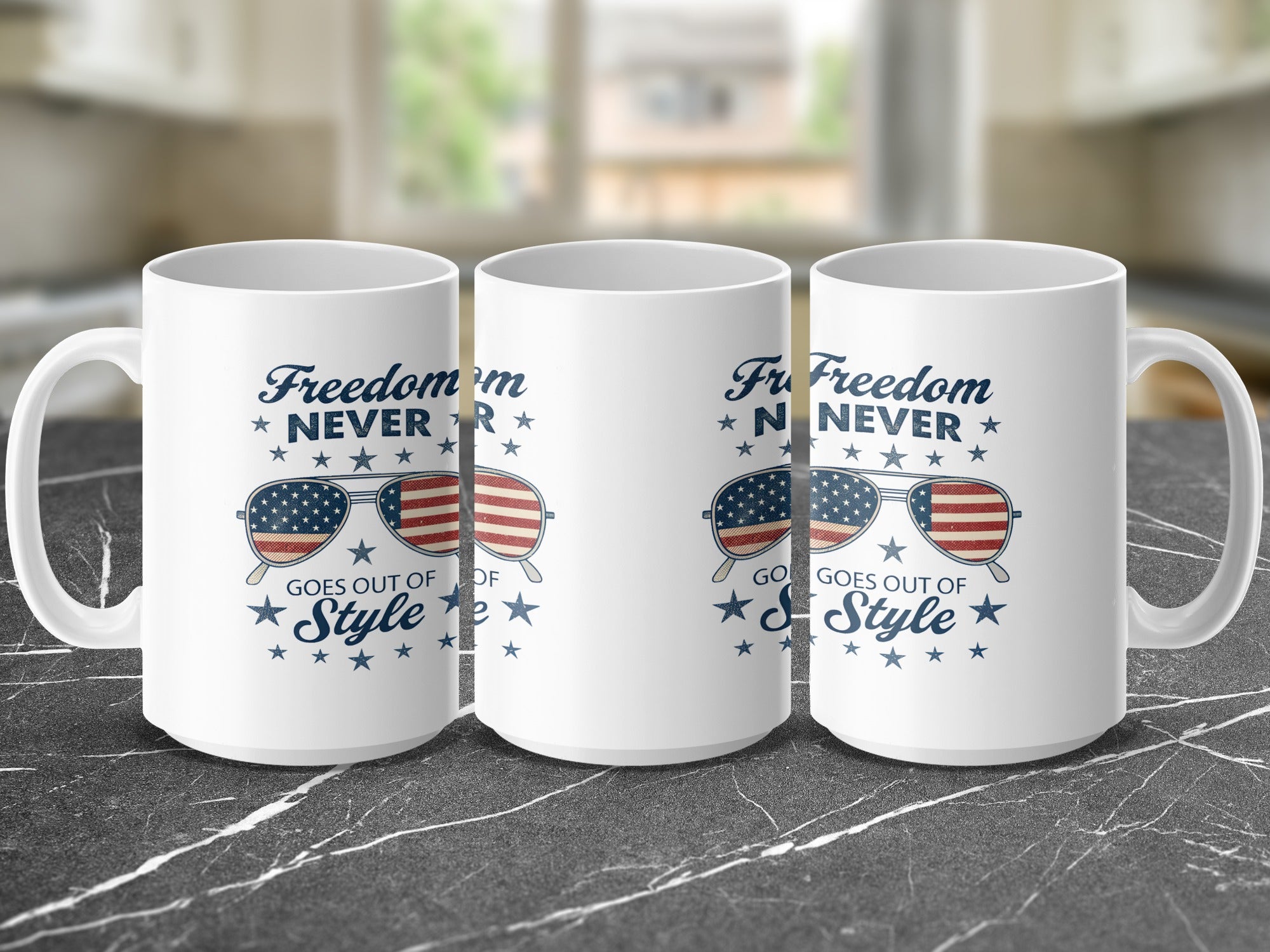 Mug with "Freedom Never Goes Out of Style" and American flag sunglasses graphic.