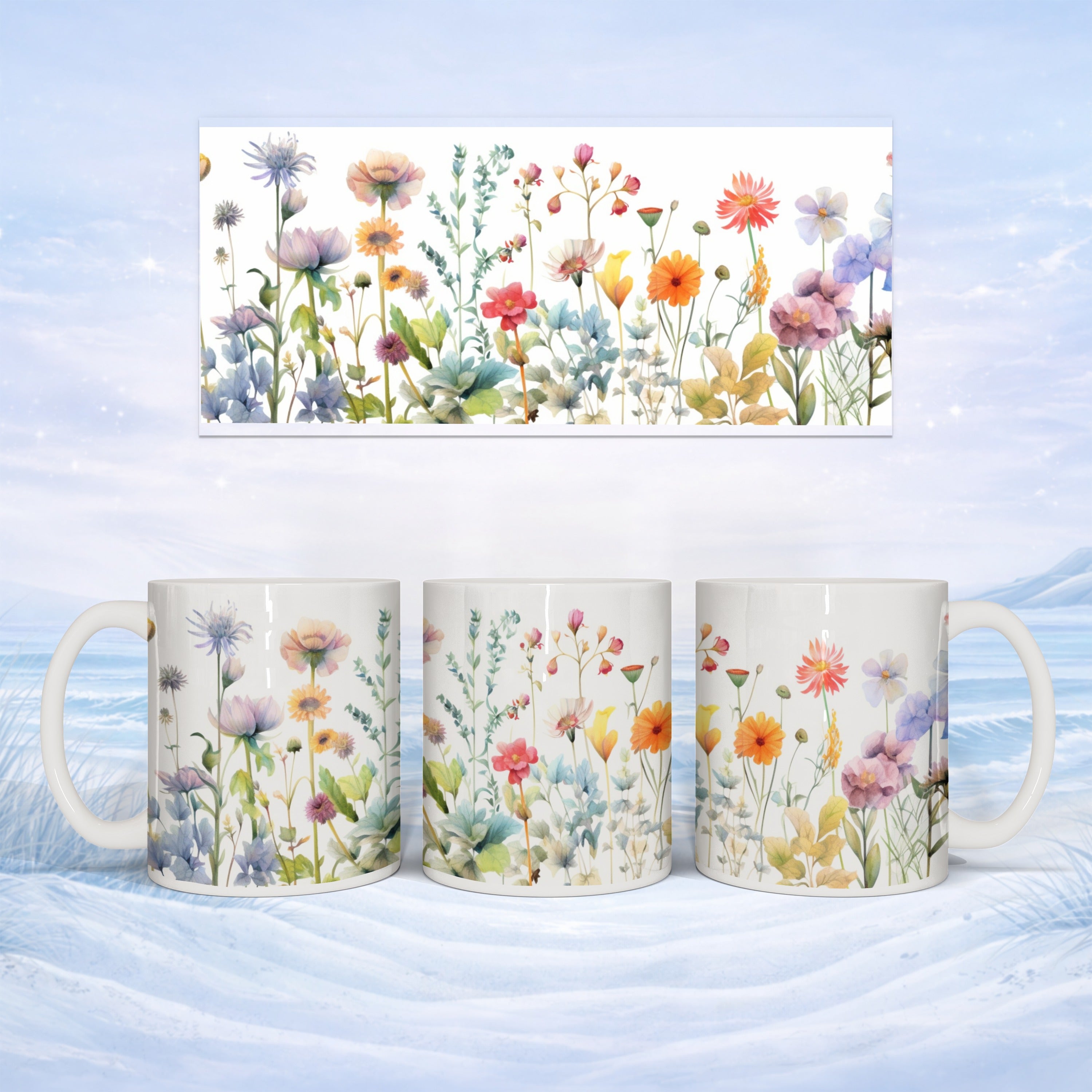 White ceramic mug with watercolor wildflowers, displayed on icy blue background.