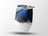 White tumbler with abstract blue and black marbled design at the top.