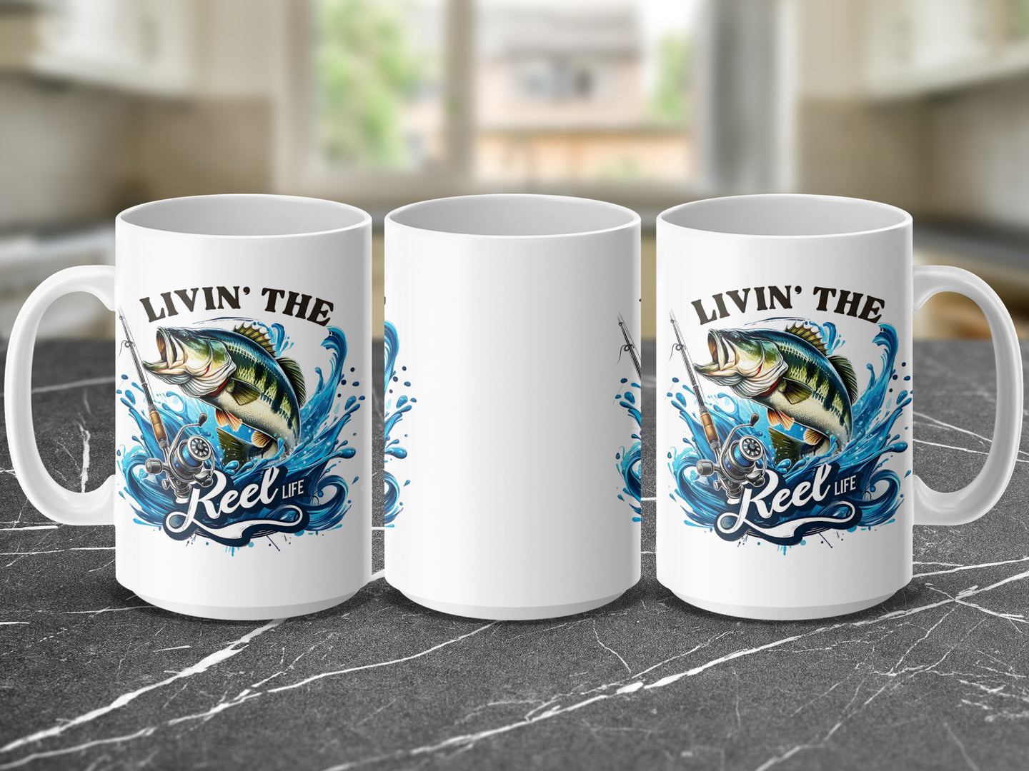 Mug with "Livin' the Reel Life" and leaping fish graphic.