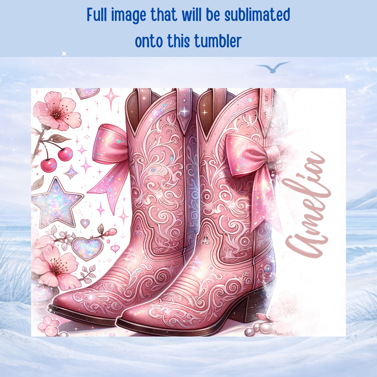 Pink cowboy boots with bows and floral accents, "Amelia" text.