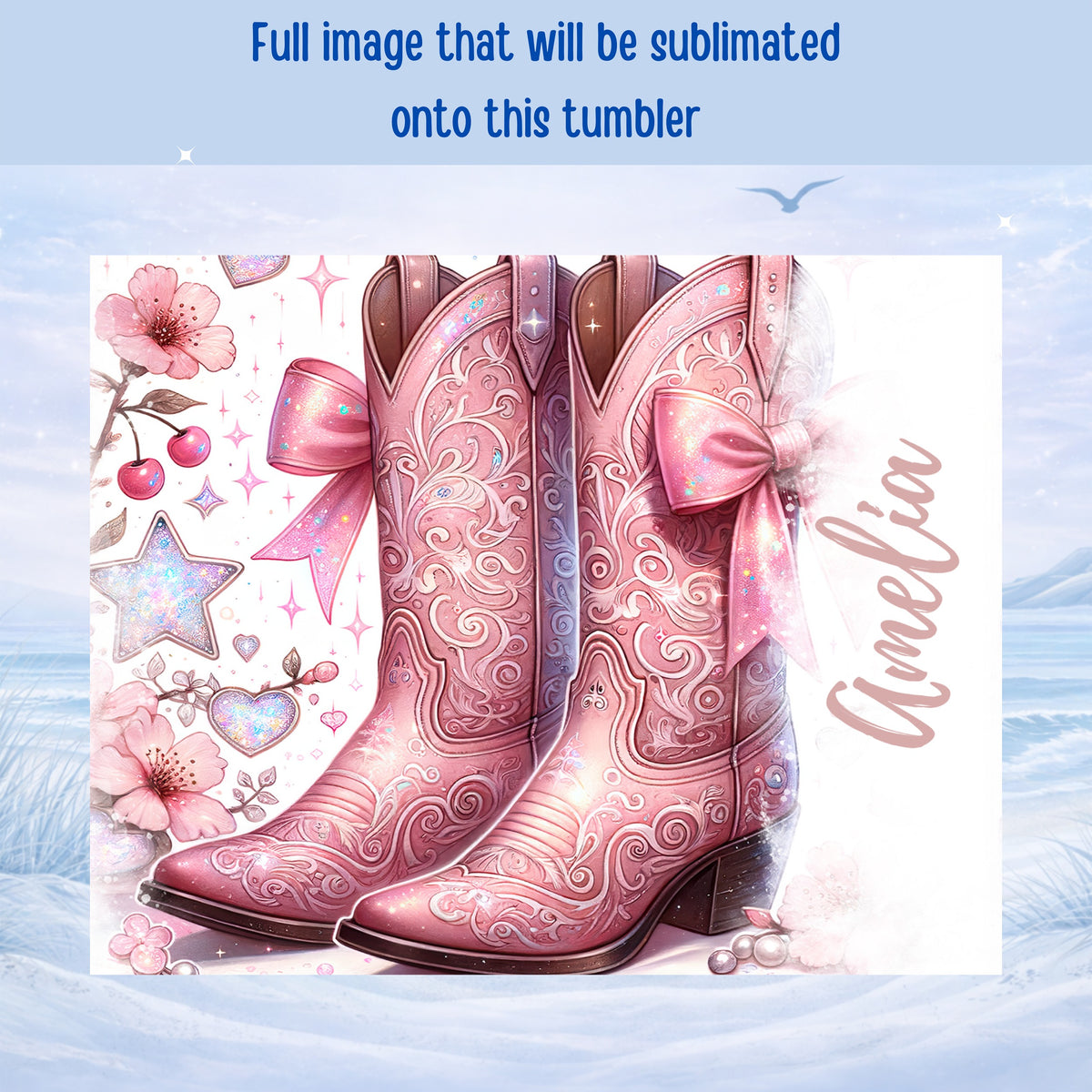 Pink cowboy boots with bows and floral accents, "Amelia" text.