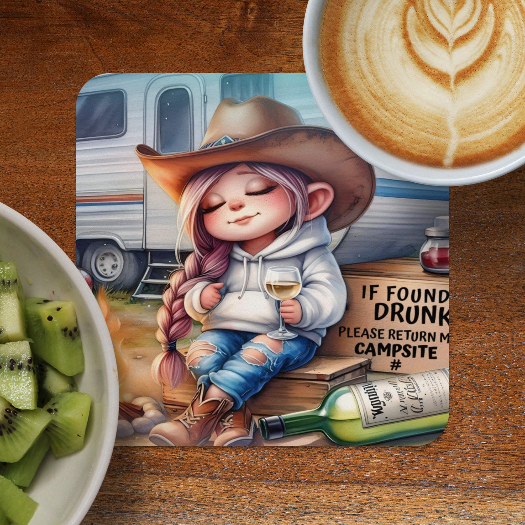 Cowgirl with wine glass next to a camper, with text IF FOUND DRUNK PLEASE RETURN TO CAMPSITE.
