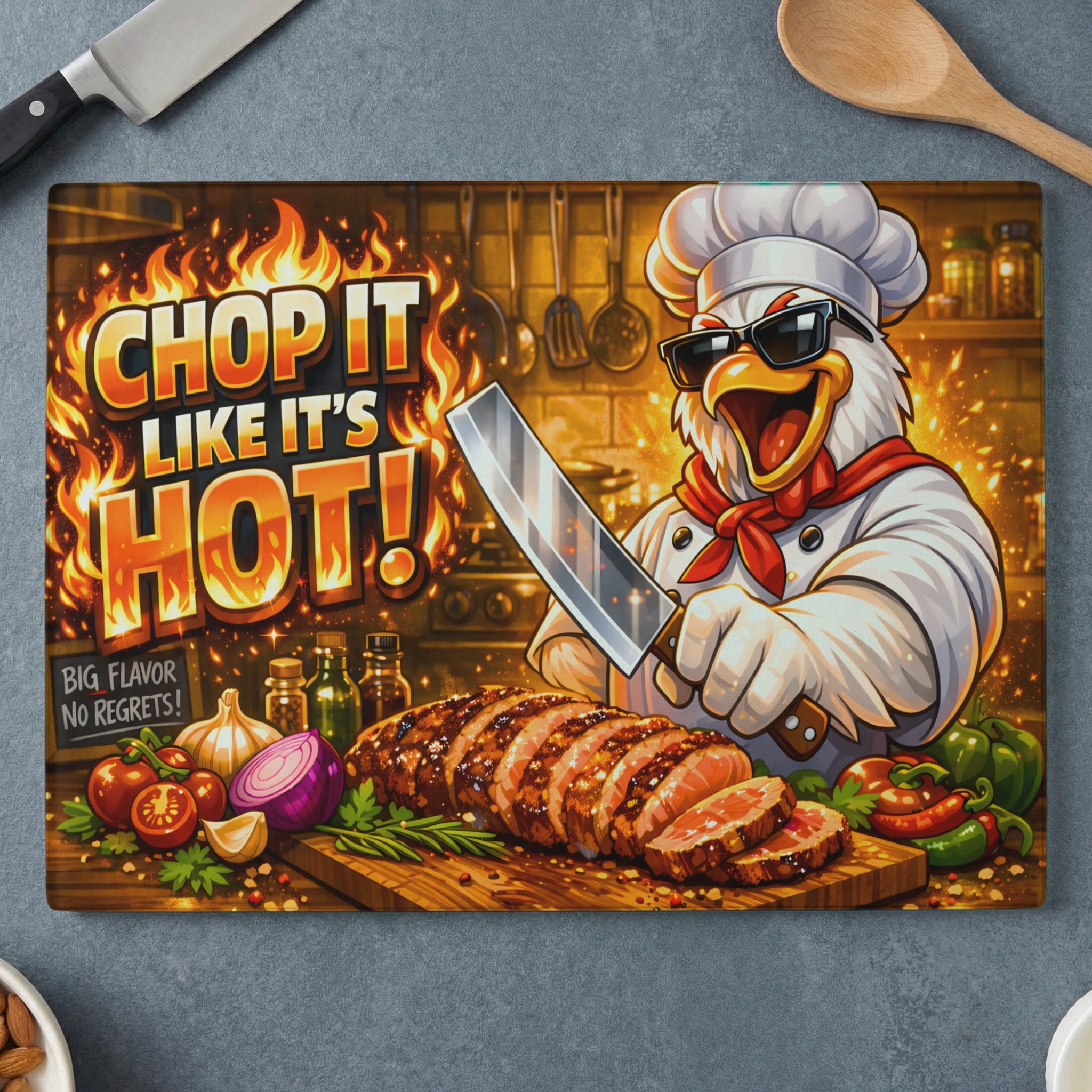 Cartoon chicken chef with sunglasses holding knife and sliced roast.