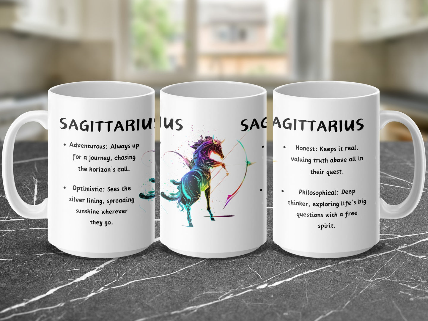 White mug with Sagittarius zodiac constellation and descriptive text.