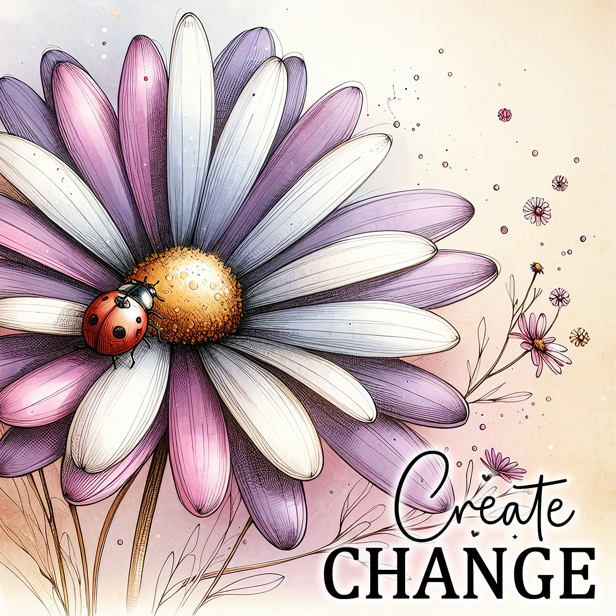 Daisy with ladybug and "Create CHANGE" text.