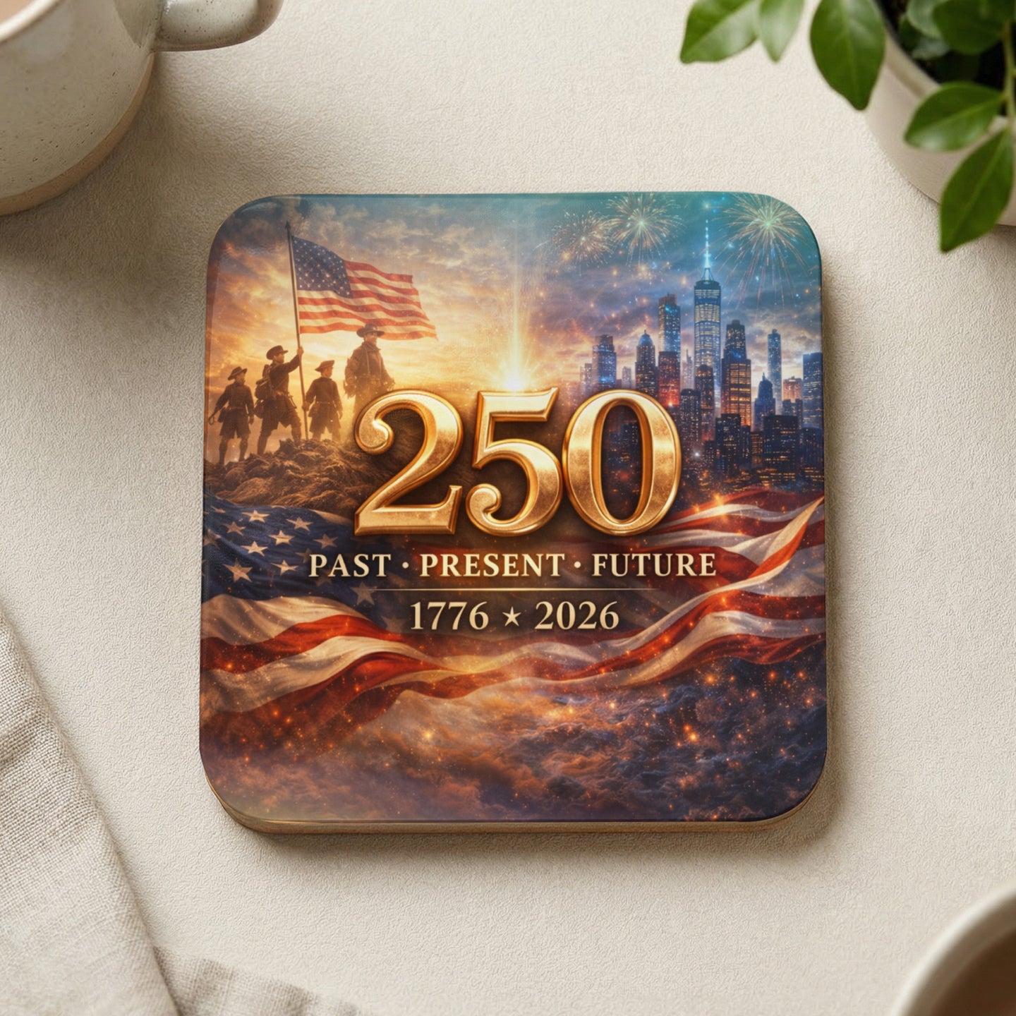 Patriotic coaster with American flag, soldiers, city skyline, and fireworks.