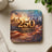 Patriotic coaster with American flag, soldiers, city skyline, and fireworks.