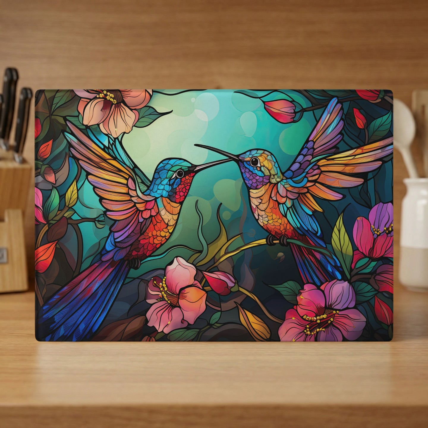 Two colorful hummingbirds on a branch surrounded by flowers.