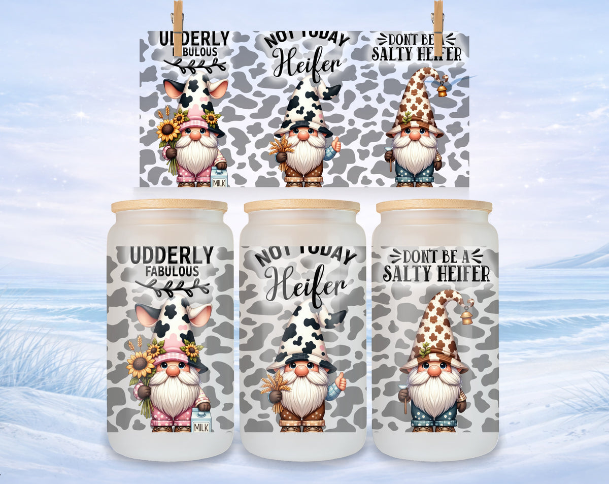 Gnome with cow hat and sunflowers, gnome with cow print hat, gnome with cow print hat and bell.