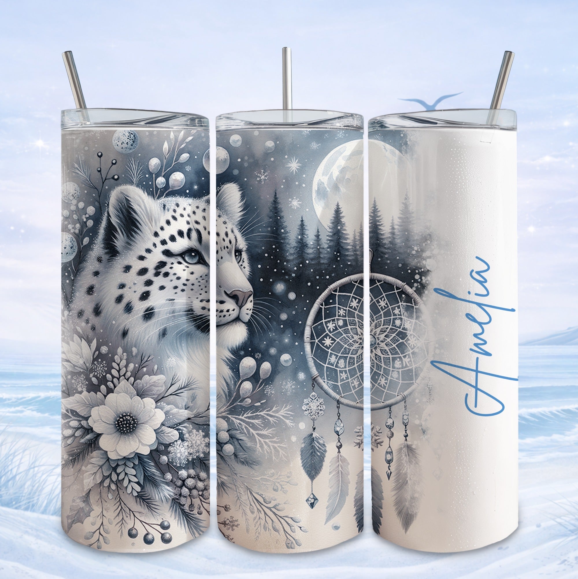 Snow leopard with floral accents and moonlit forest scene on a tumbler.