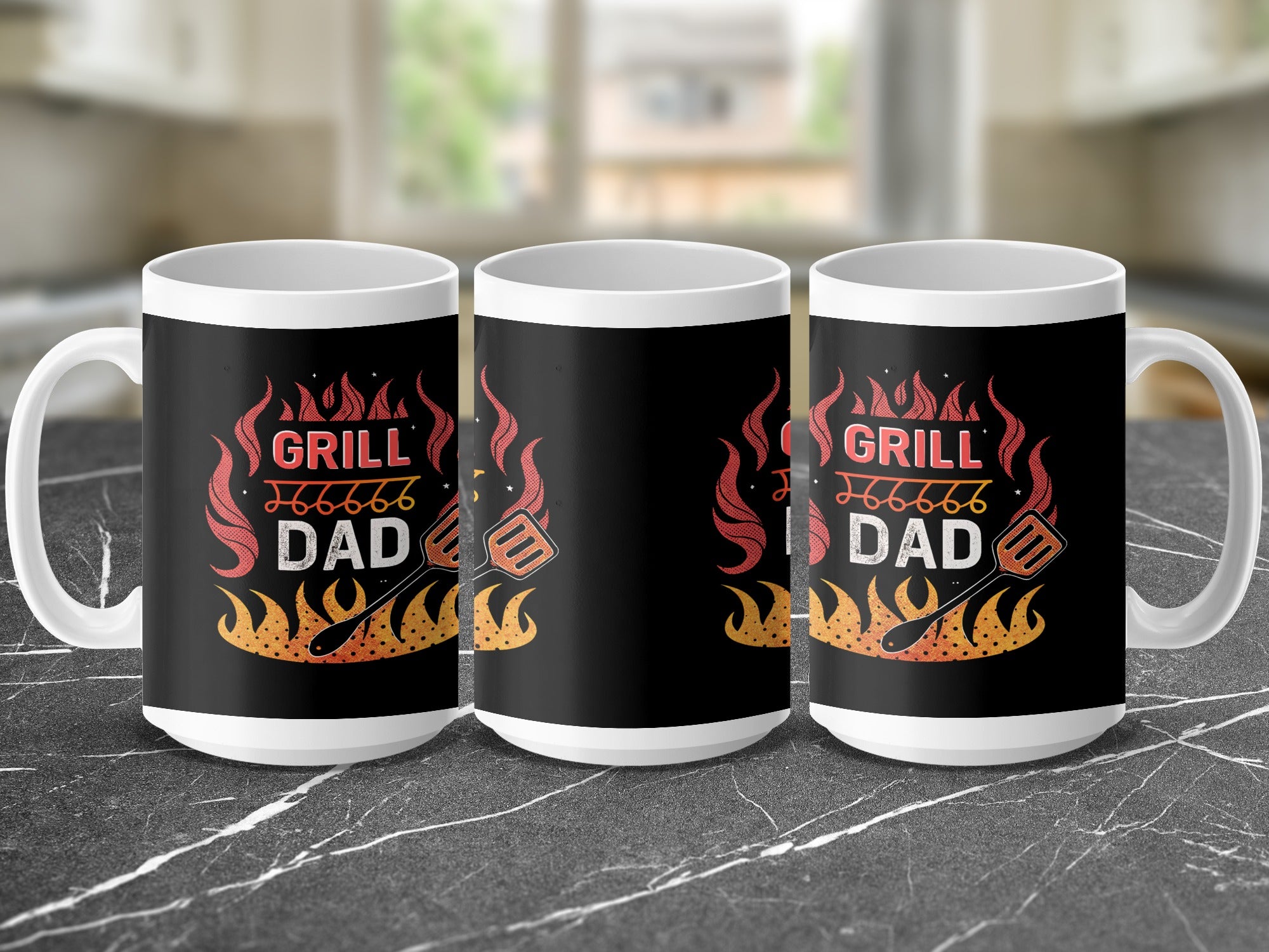 Mug with "Grill Dad" text, flames, and barbecue tools.