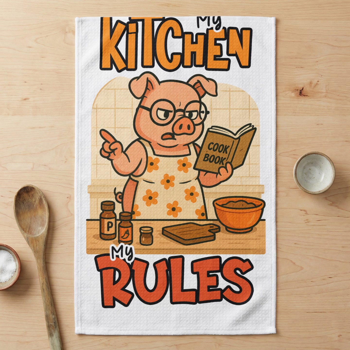 Pig in glasses reading a cookbook with "My Kitchen Rules" text.