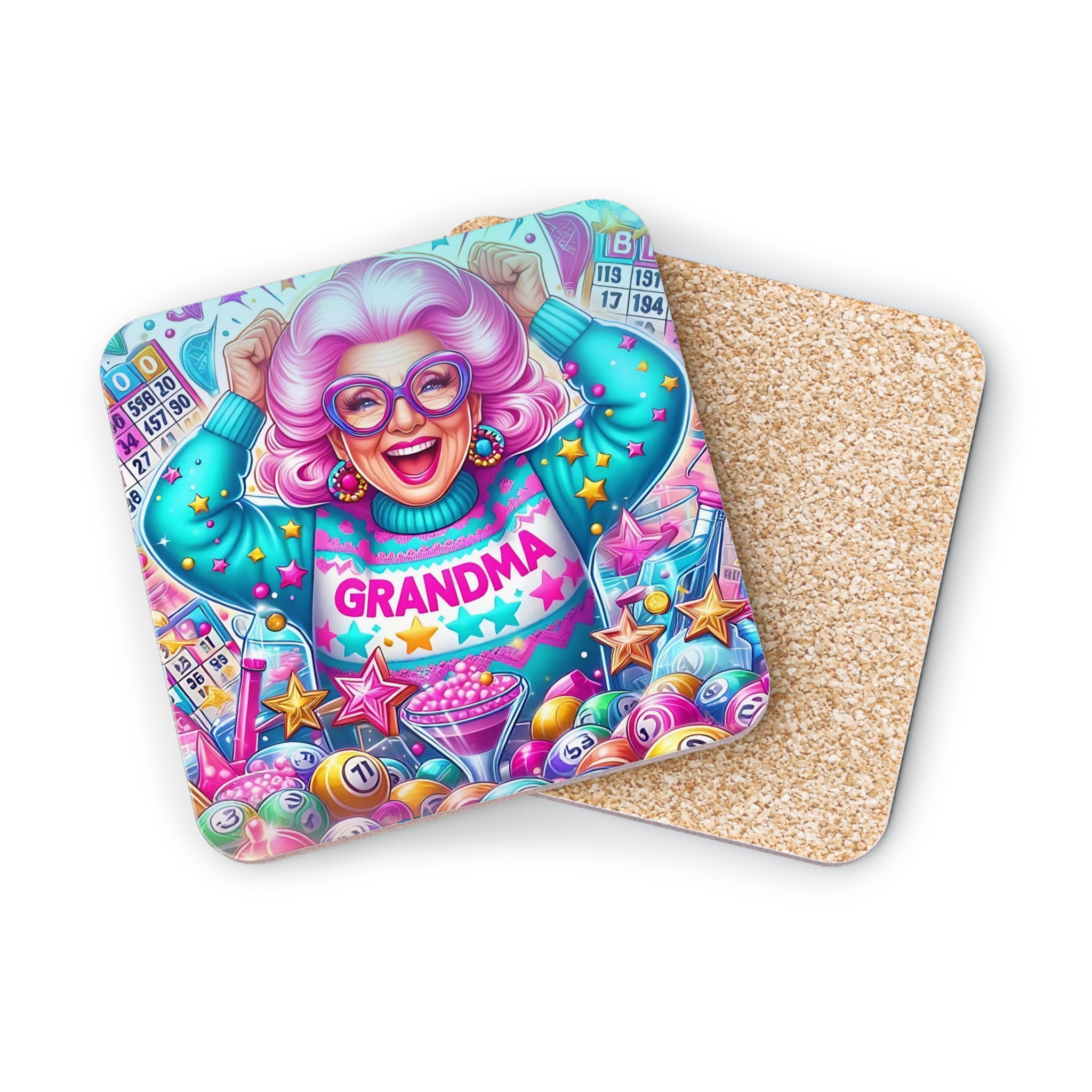 Woman with pink hair wearing "GRANDMA" sweater, surrounded by bingo balls and stars.