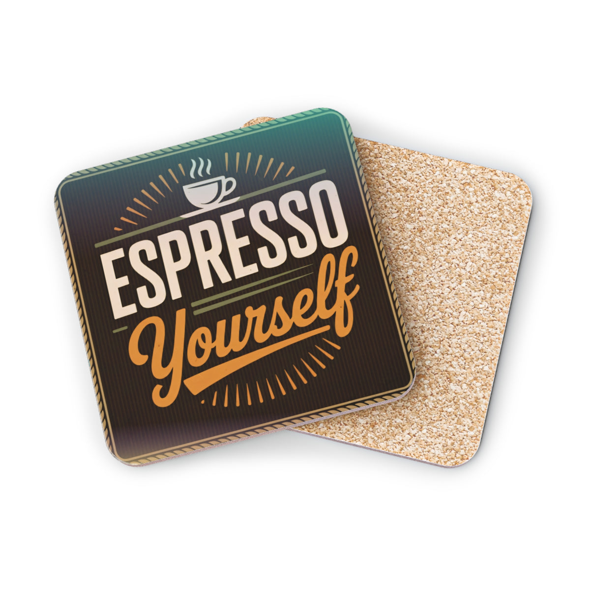 Square coaster with "Espresso Yourself" text and coffee steam graphic.