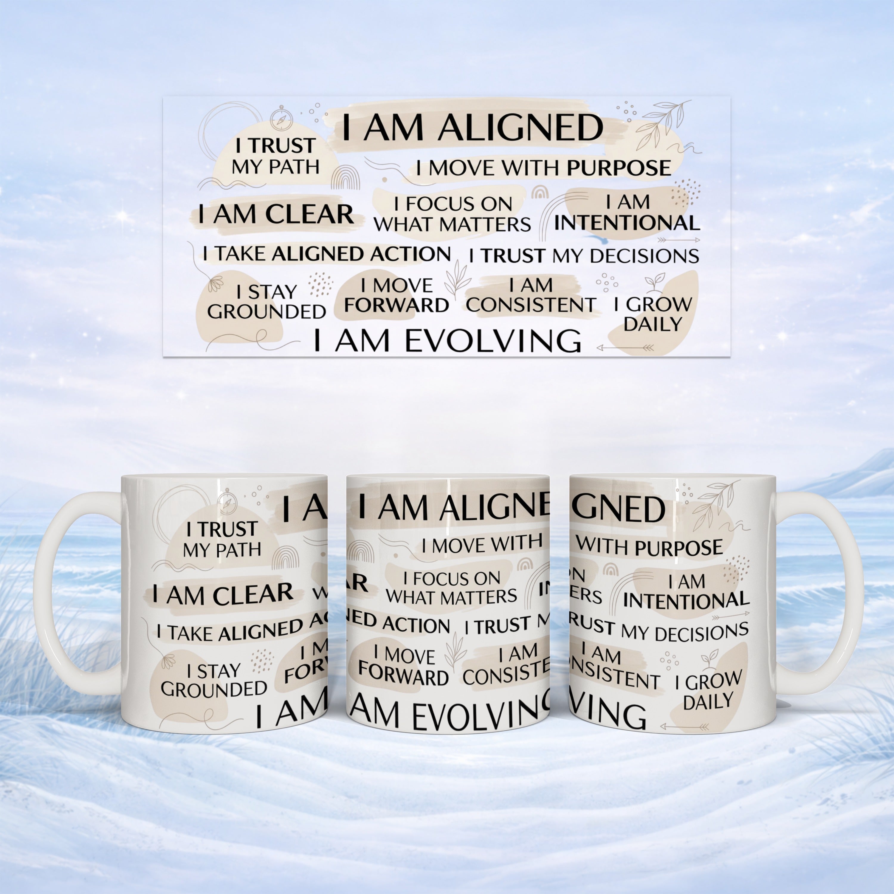 White mugs with "I Trust My Path" and other positive affirmations in black text.