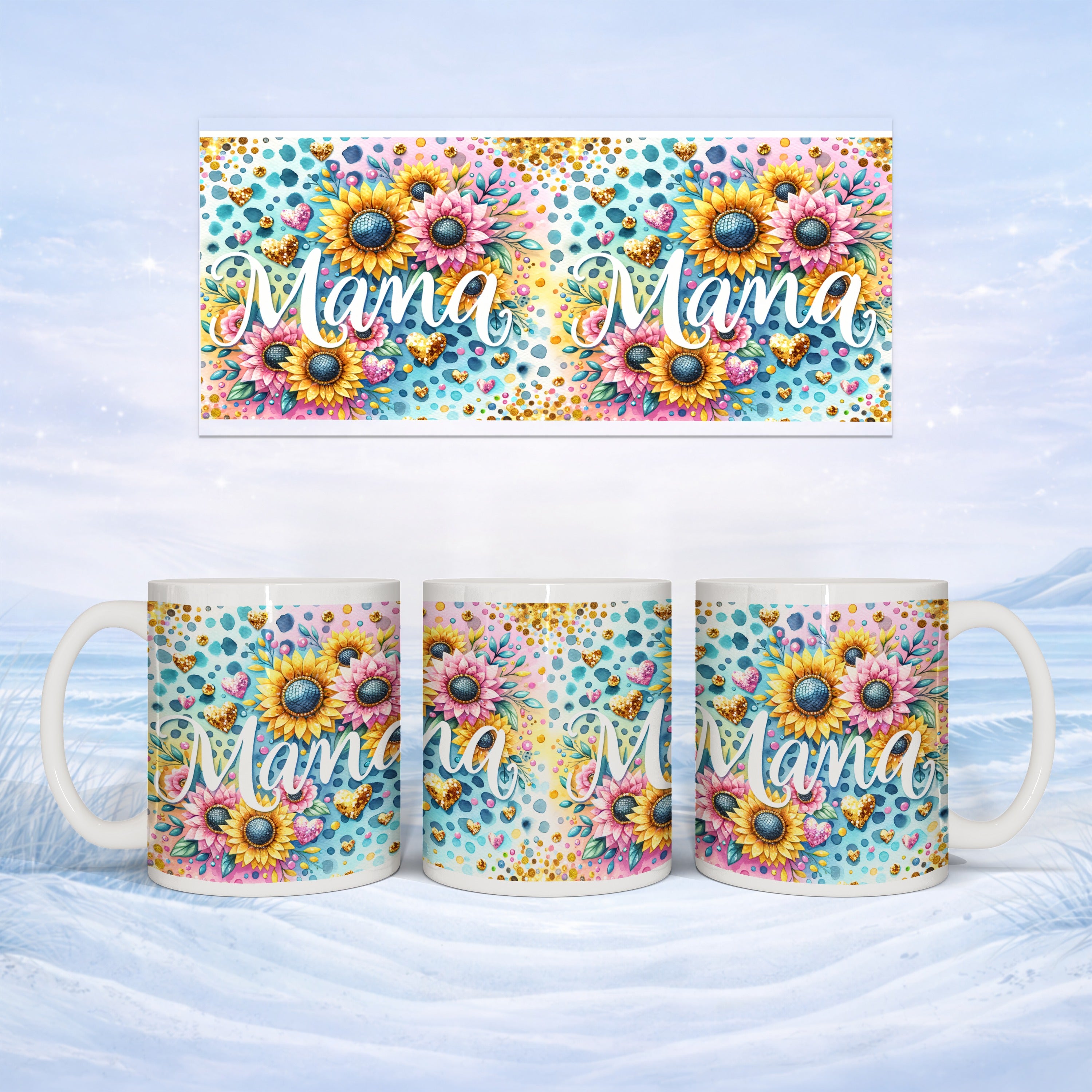 Mug featuring floral design with "Mama" text and scattered golden butterflies.
