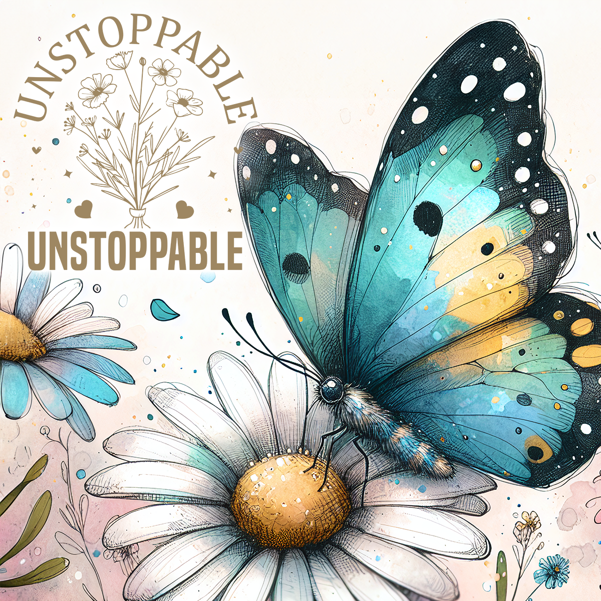 Blue and yellow butterfly on a daisy with the word "UNSTOPPABLE".