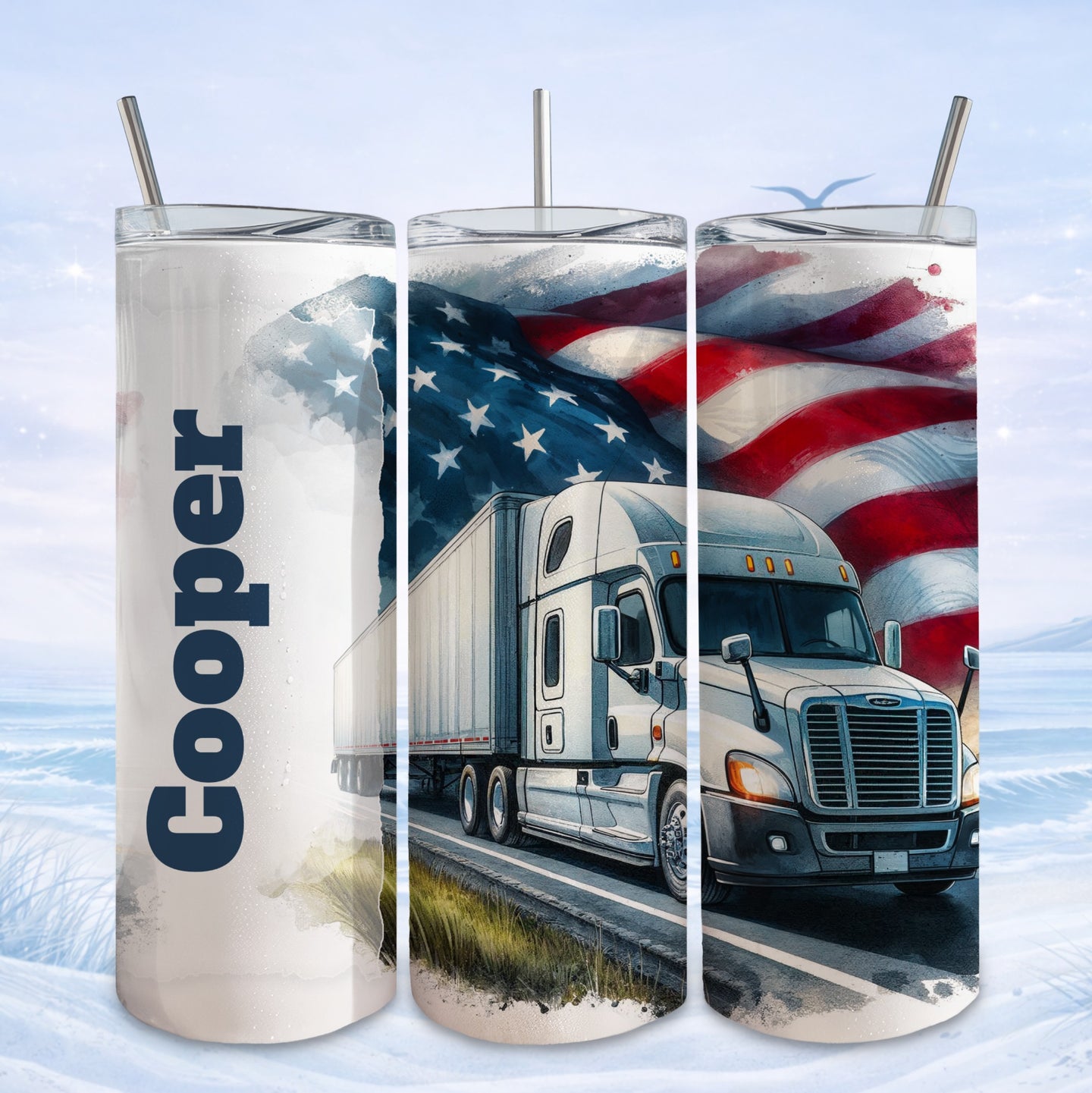White semi-truck driving on road with American flag background.