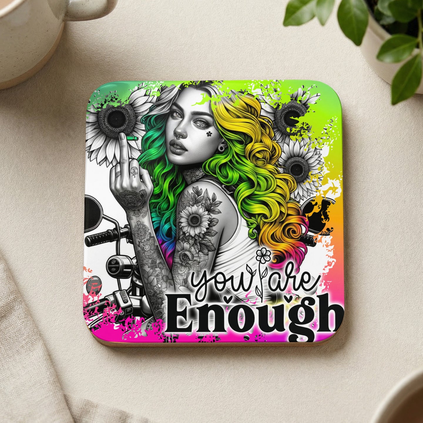Woman with colorful hair, sunflowers, and motorcycle, saying "you are enough."