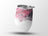 White tumbler with pink and silver abstract design.