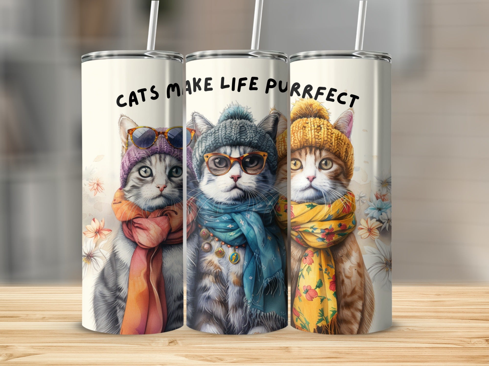 Three cats in winter hats and scarves with glasses, "CATS MAKE LIFE PURRRFECT" text.
