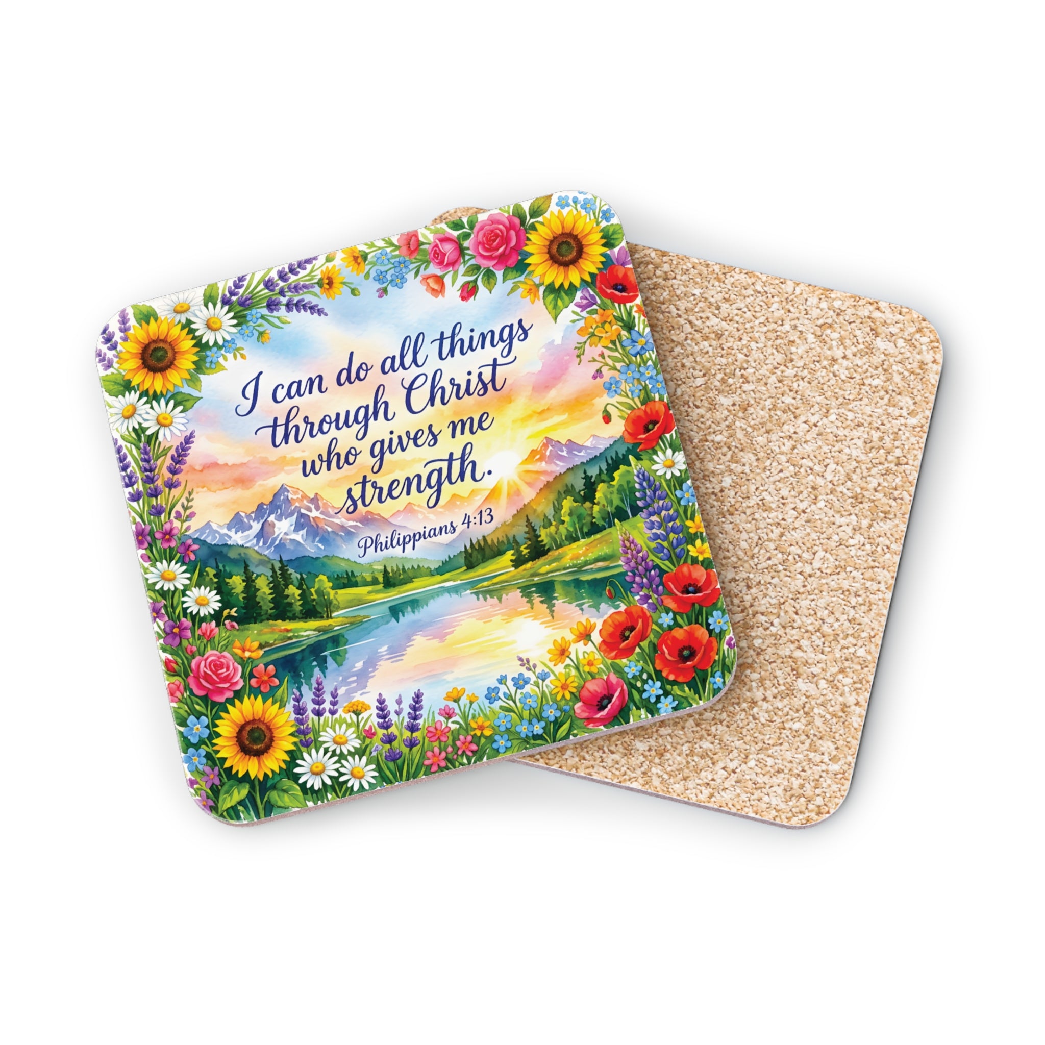 Floral landscape with "I can do all things through Christ who gives me strength. Philippians 4:13" text.