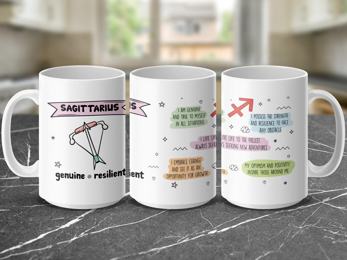 Mug with Sagittarius symbol and affirmations: "Genuine resilient", "I am genuine and true to myself".