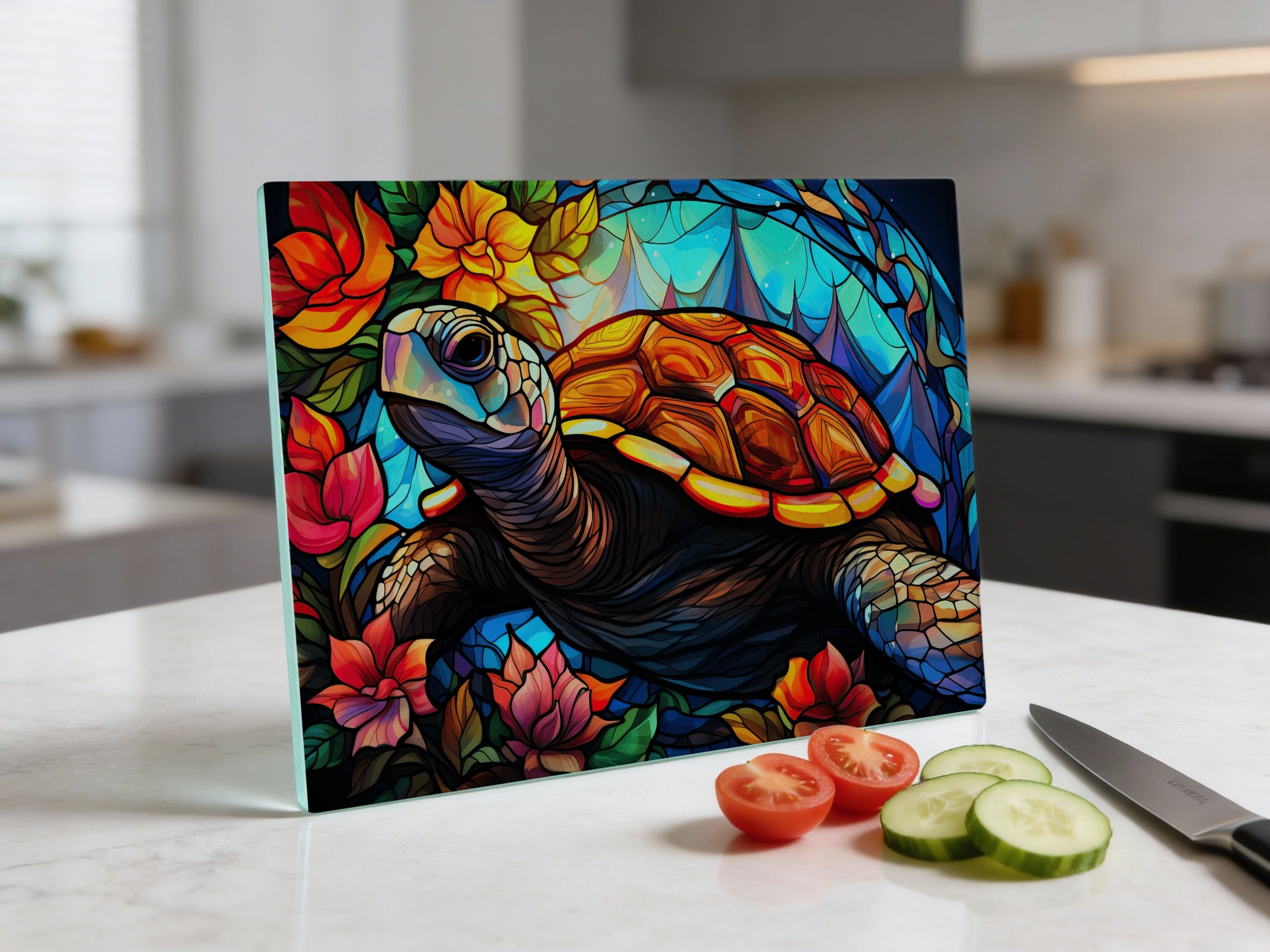 Tempered glass cutting board featuring a sea turtle and colorful flowers.