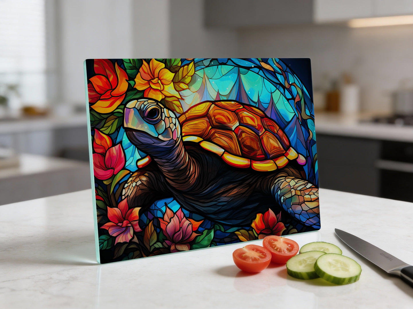 Tempered glass cutting board featuring a sea turtle and colorful flowers.