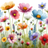 Colorful cosmos flowers and wildflowers bloom against a white background.