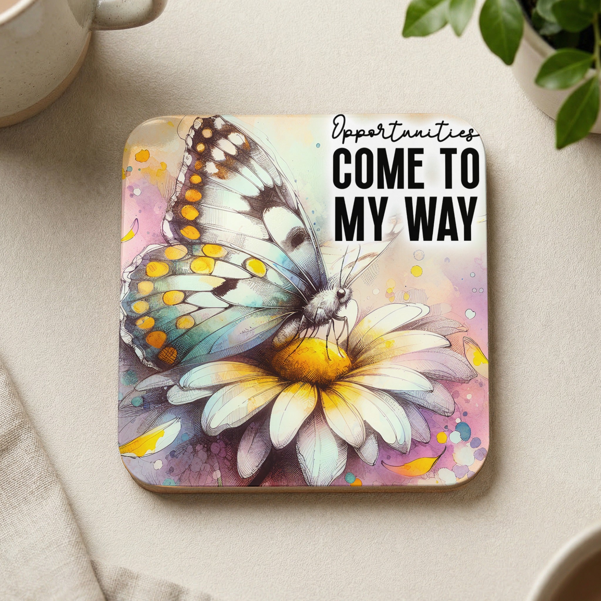 Coaster with butterfly on a daisy and text "Opportunities COME TO MY WAY".