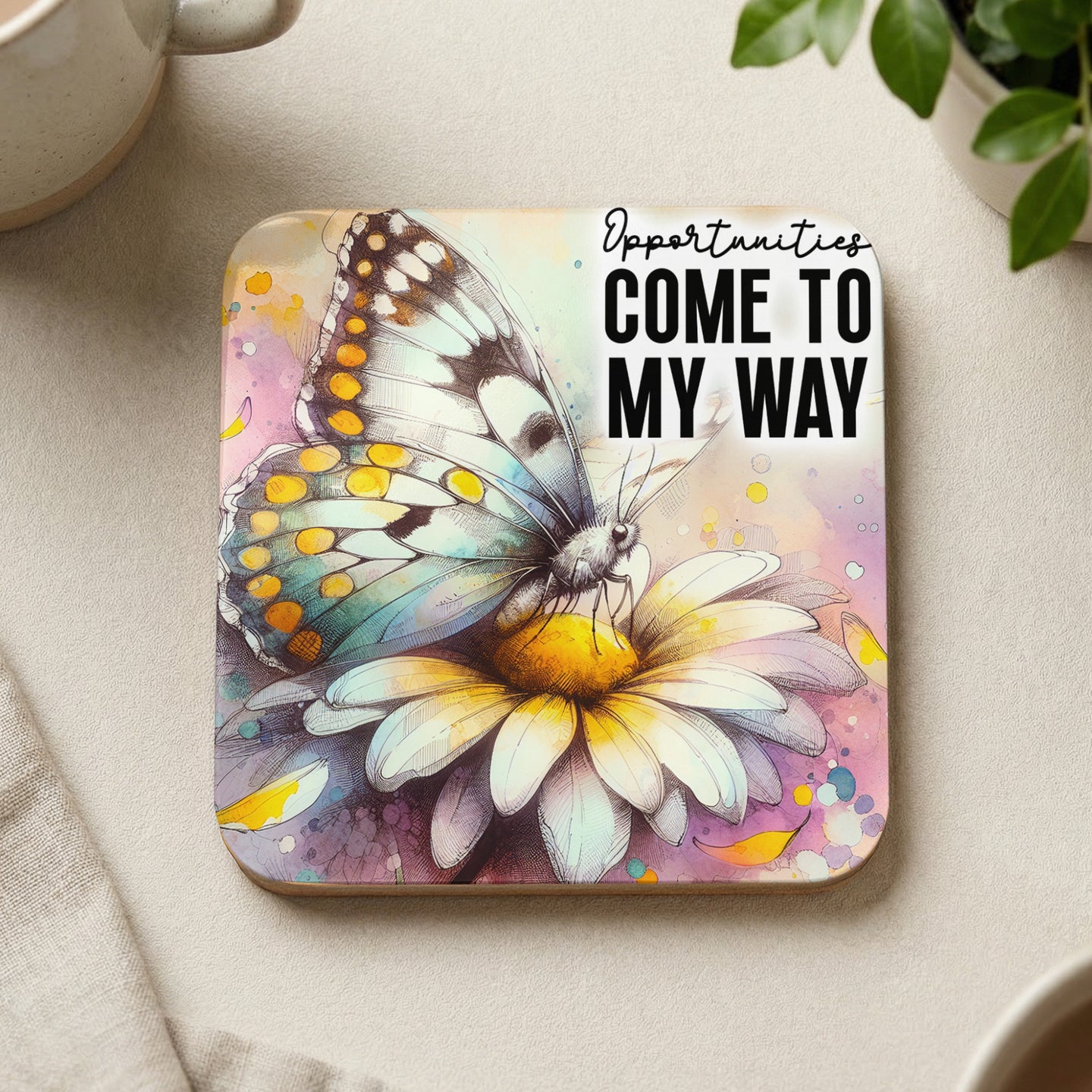 Coaster with butterfly on a daisy and text "Opportunities COME TO MY WAY".
