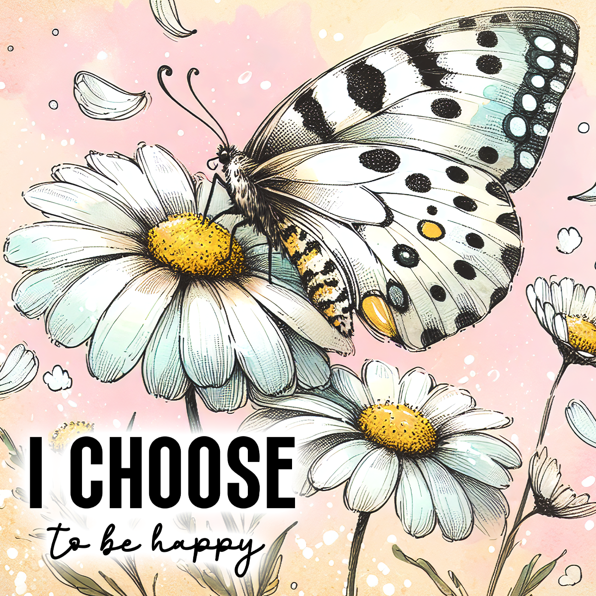 Butterfly on daisy with text "I choose to be happy".