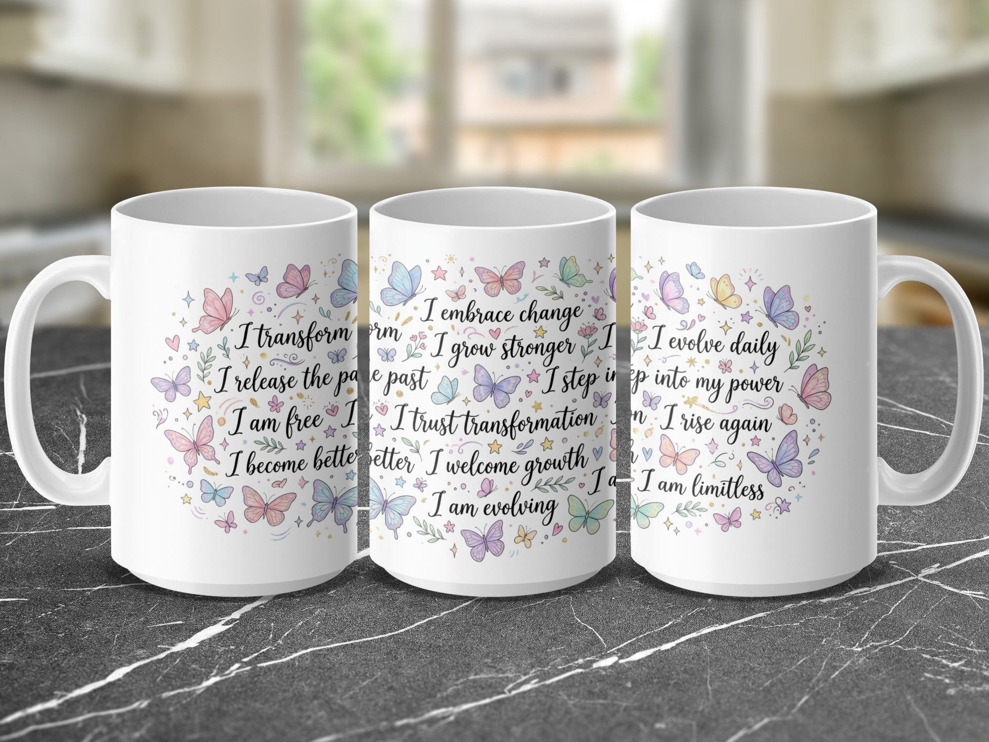 Mugs with motivational text and butterfly designs.