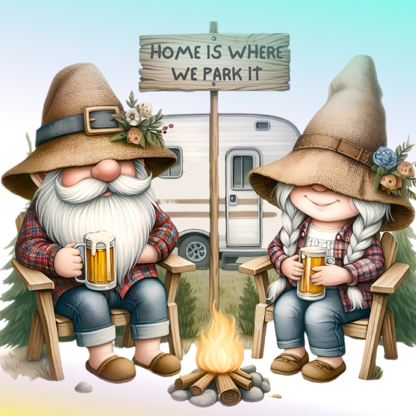 Gnomes with mugs of beer sit by campfire, camper trailer behind.