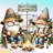 Gnomes with mugs of beer sit by campfire, camper trailer behind.