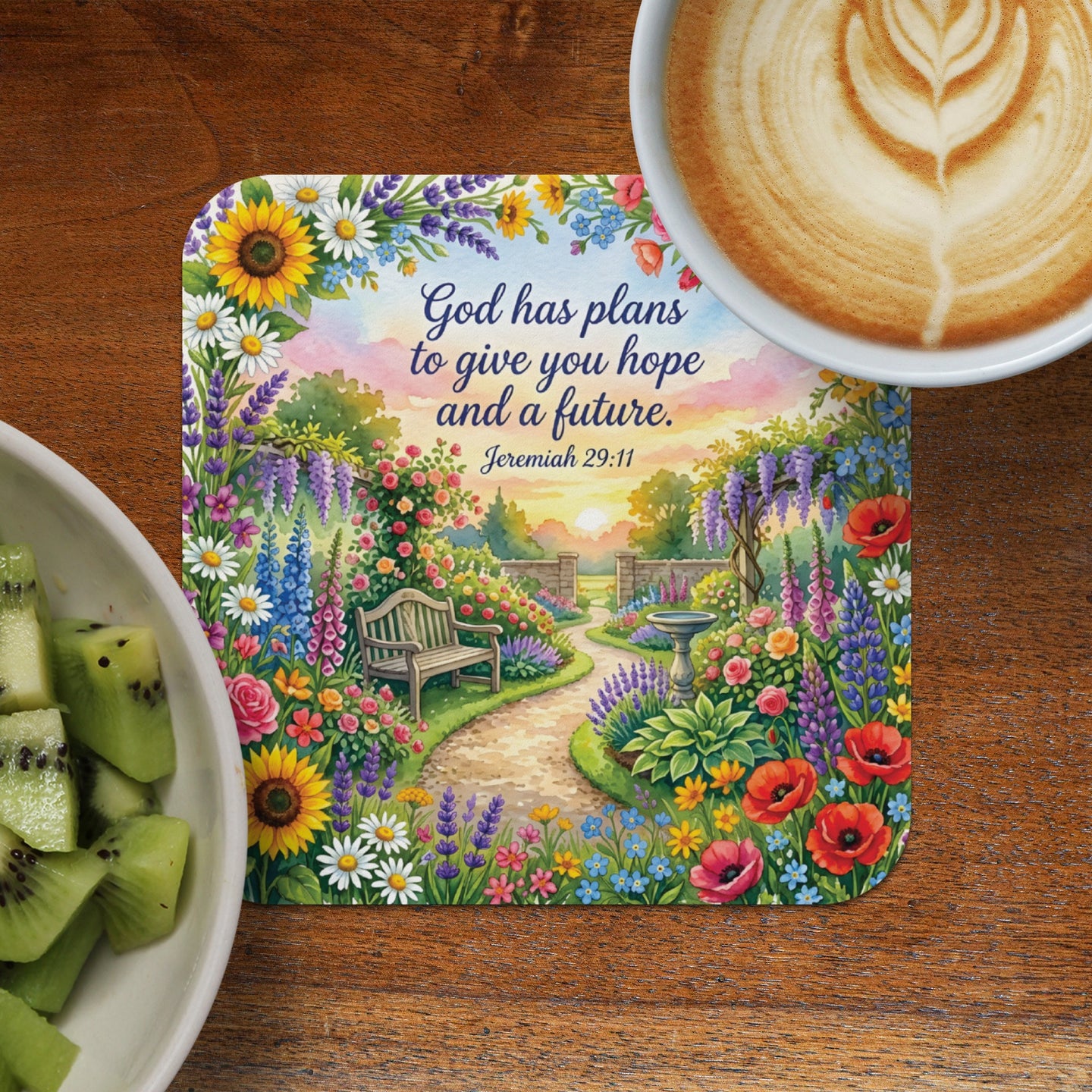 Coaster with garden scene, bench, and Bible verse "God has plans to give you hope and a future."