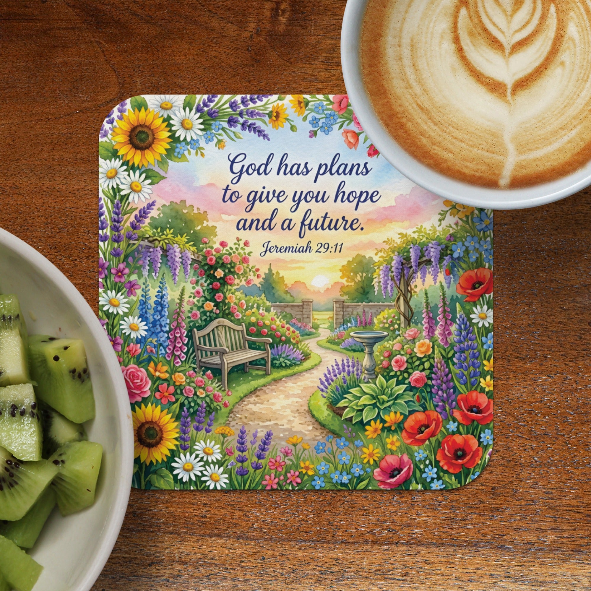 Coaster with garden scene, bench, and Bible verse "God has plans to give you hope and a future."