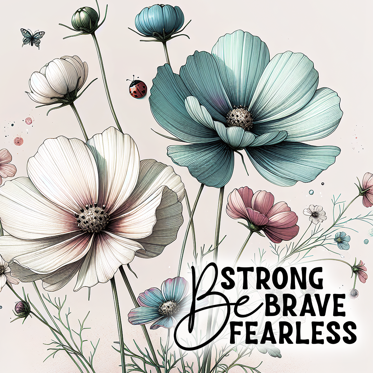 Cosmos flowers with "Be Strong Brave Fearless" text and a ladybug.