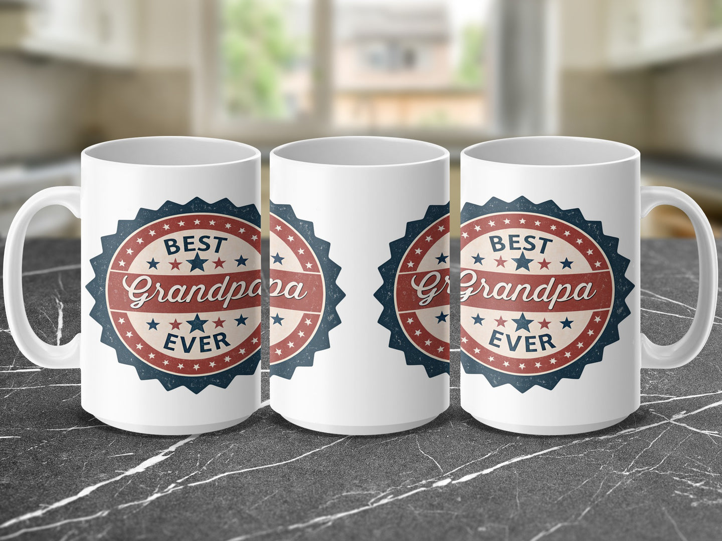 White mug with "Best Grandpa Ever" text and starburst design.