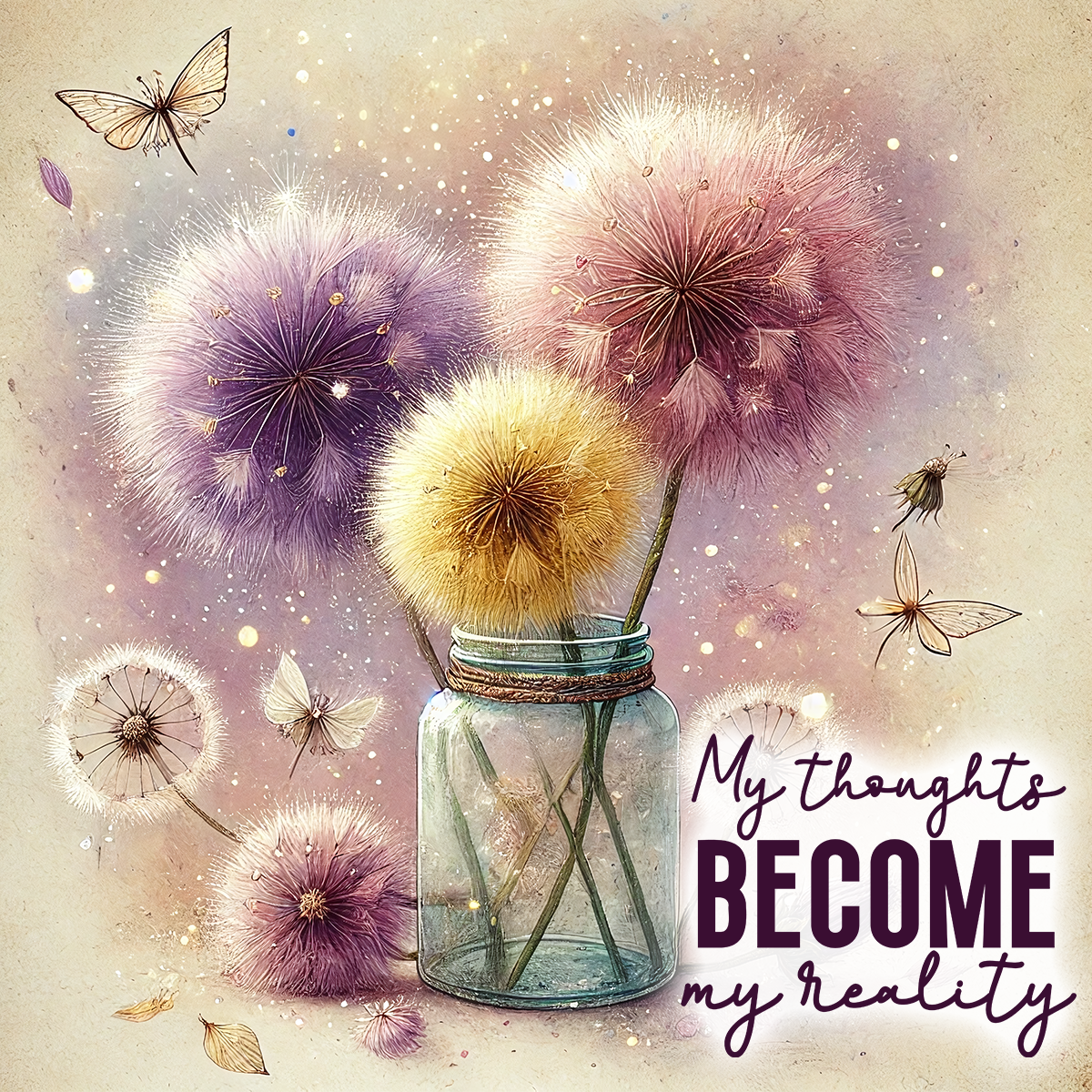 Glass jar holding fluffy dandelion seeds with butterflies and text "My thoughts become my reality".