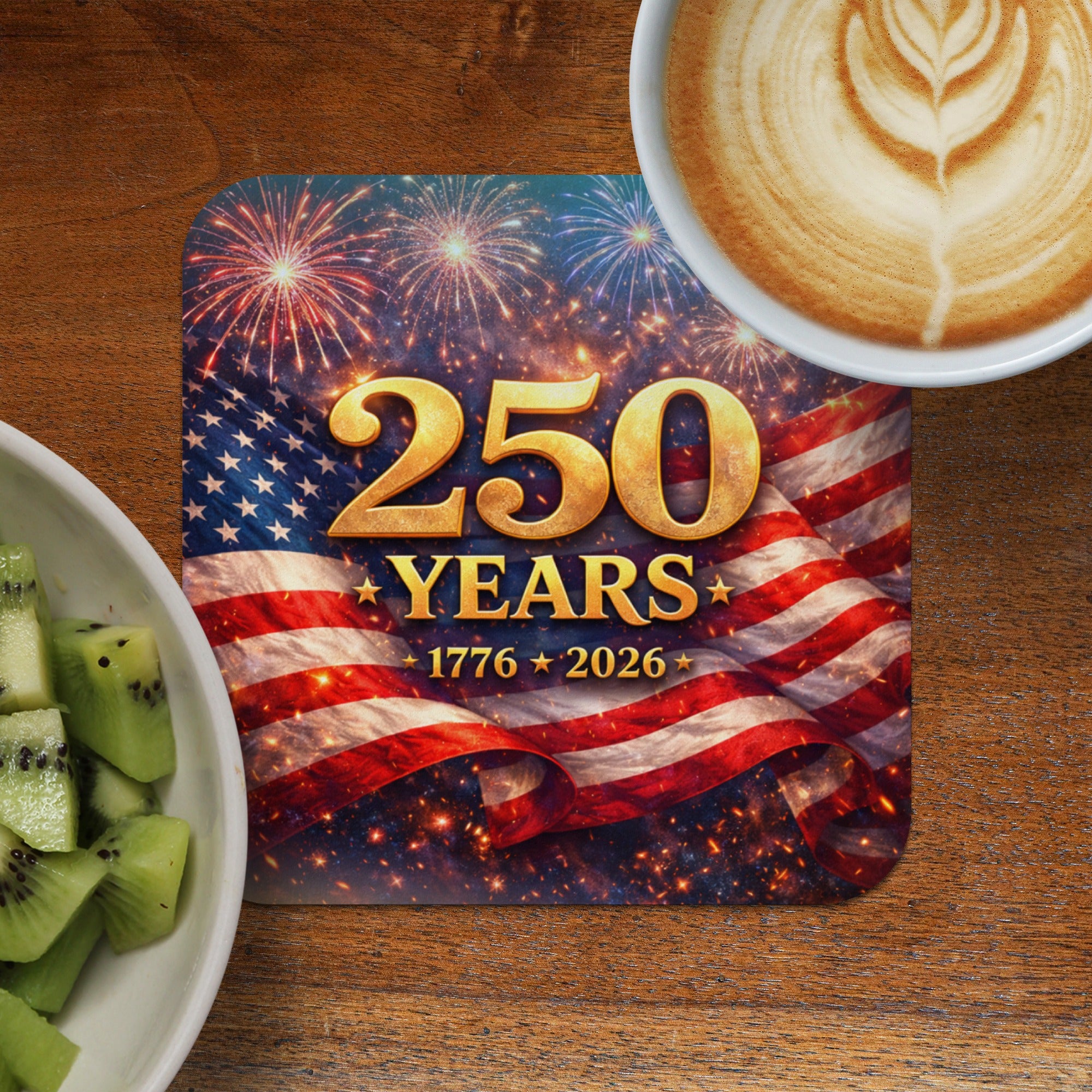 American flag with "250 1776-2026" text, with fireworks and coffee.