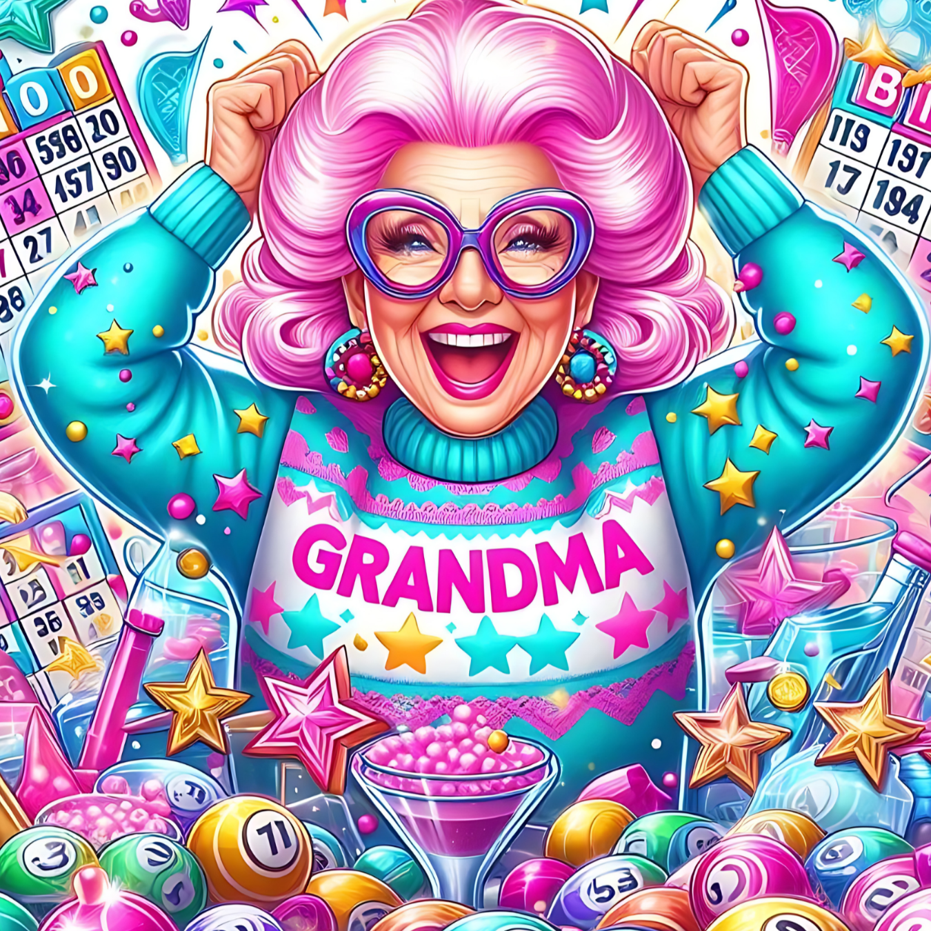Smiling grandma in a sweater with "GRANDMA" on it, surrounded by bingo balls and stars.