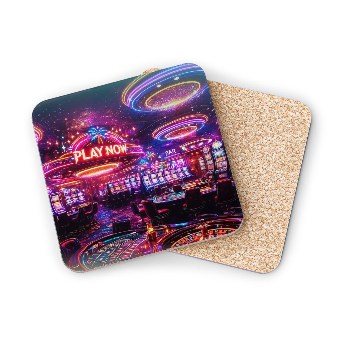 Casino interior with slot machines and roulette wheel, text "PLAY NOW".